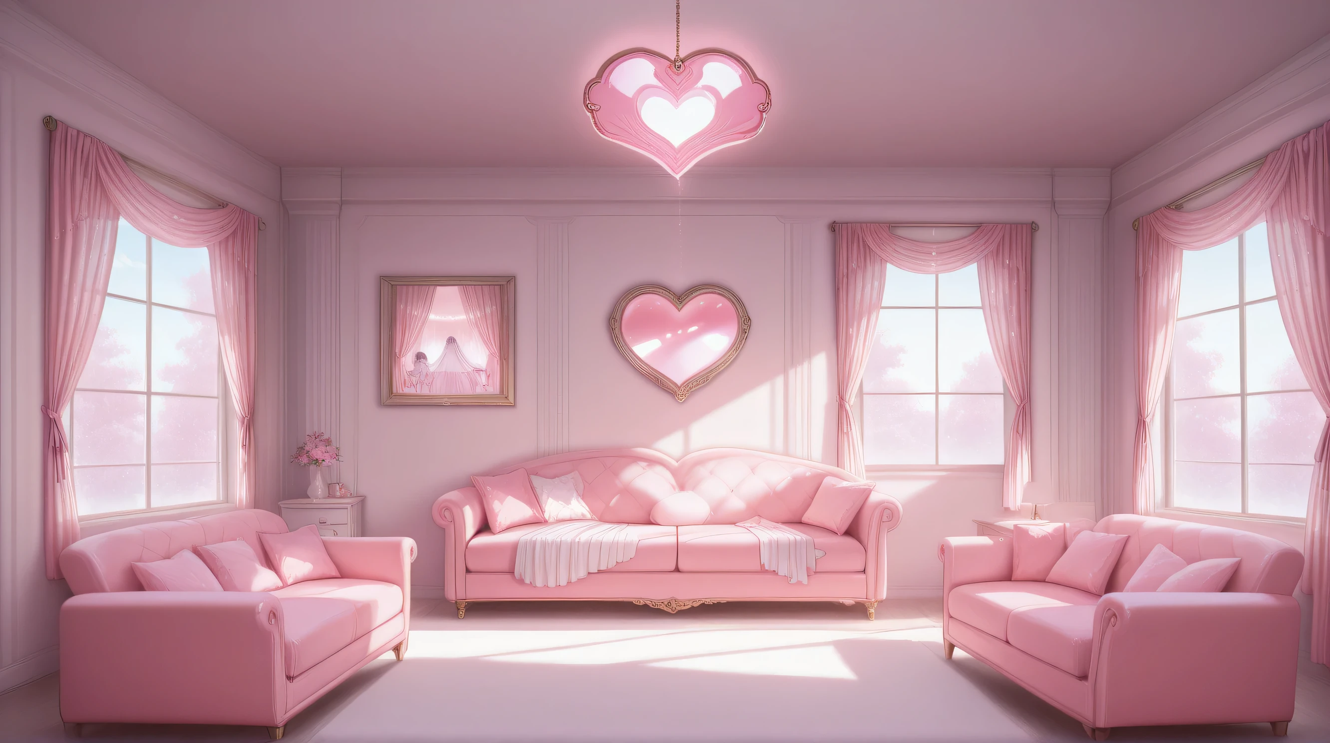 Heart furniture, A room with a pink atmosphere, heart mirror, Large window, chiffon curtain with ribbon, light blue point, room with small sofa, a room with a pink bed,