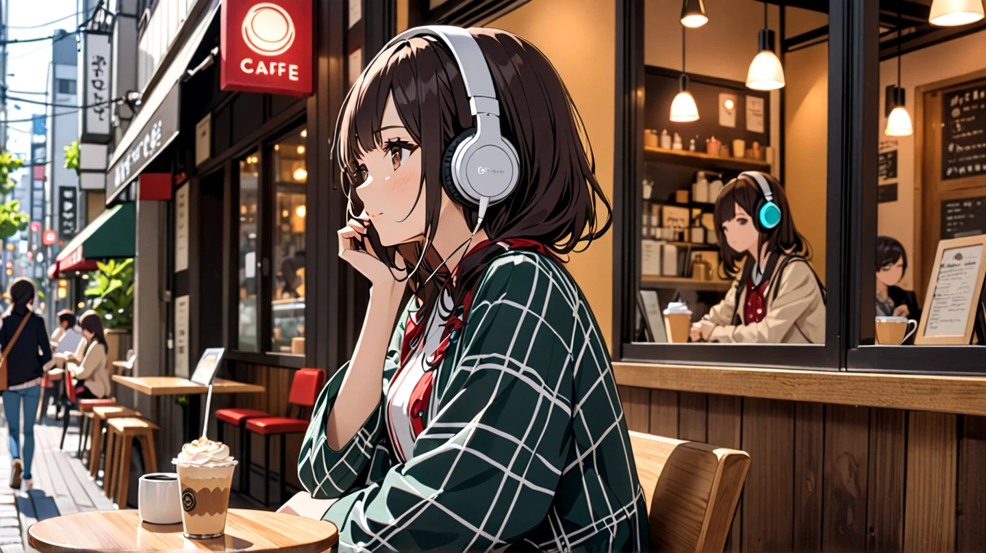 Girl with headphones enjoying music in a cafe I am studying Emphasize a little bit of the chest