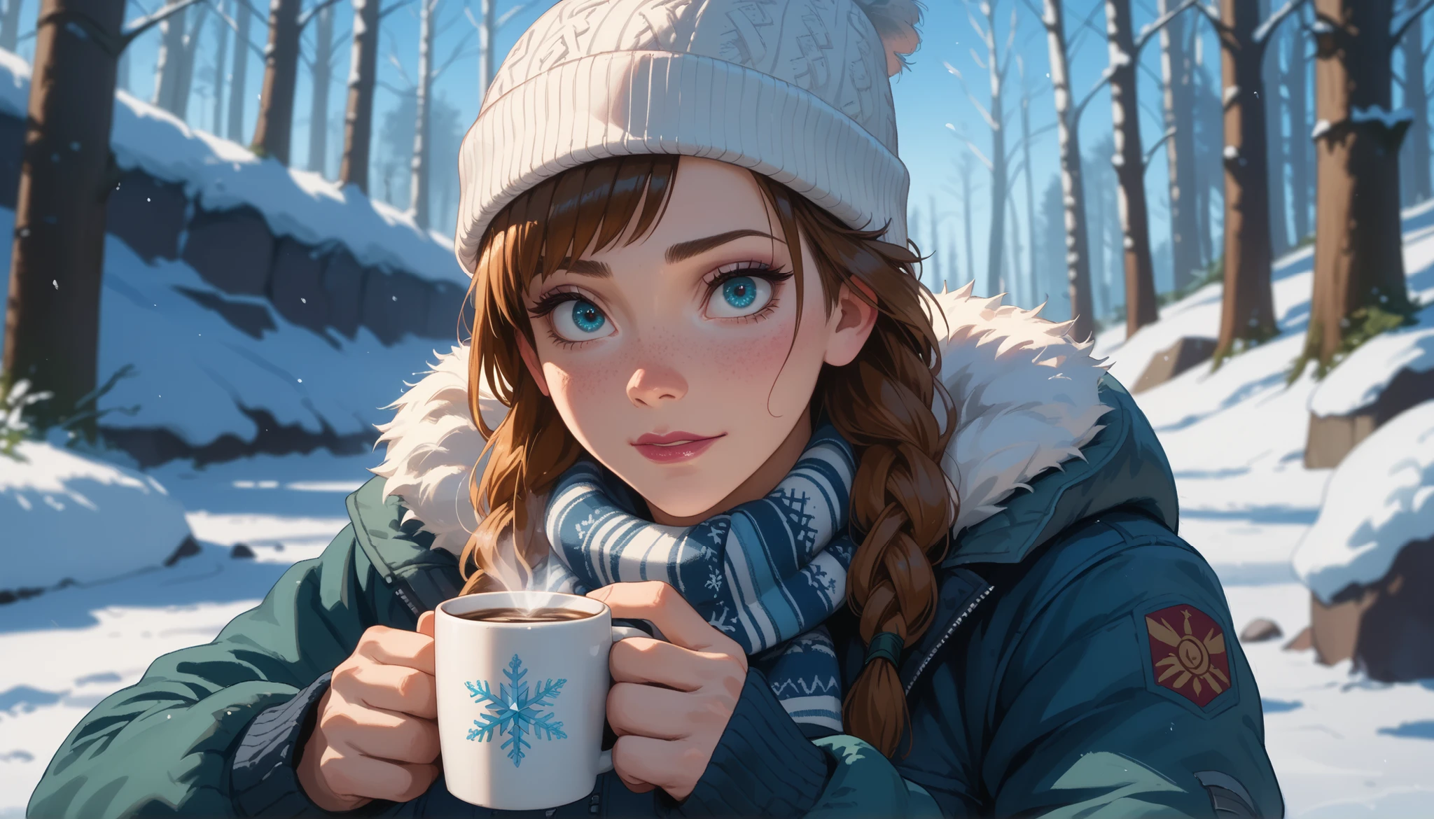A girl with a nice body and nice breasts sits bundled in a thick winter jacket and scarf by a frozen river, warm coffee in her hands. Her perfect face peeks from under a beanie, perfect eyes sparkling as snowflakes fall gently around her.
