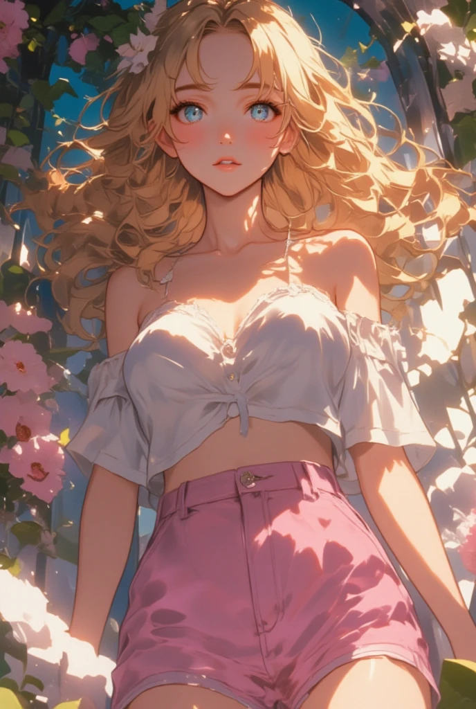 (((1Girl, medium breasts))), solo, (((short wavy, flowing hair color: 2.3, windblown))), perfect eyes, lace crop top, kawaii denim shorts and shorts, short strap, short, lace, (art, best quality; 1.3)), ultra detailed, wallpapers Unity wallpaper 8k wall, CG, ray tracing, illustration, colorful, cinematic shadow, extremely detailed and beautiful background, video, VRay shading, TR) ), art, hyperrealistic, hyperdetailed, best quality, 16k, light and shadow effect on skin, bright colors)), masterpiece flirting with the viewer, luxurious, elegant, extremely detailed, pink lips, smiling, shy, feminine charm , blurry, beautiful sky, trees, garden, sitting on grass, butterfly, beautiful flowers, depth of field, shy pose ((((((lineart)))))))