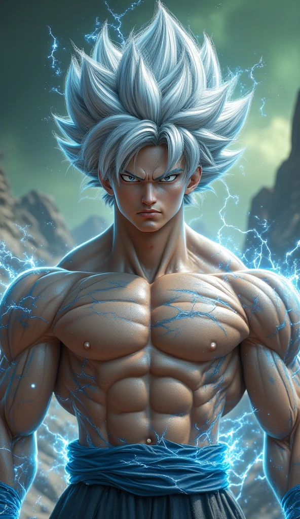 Shirtless Angry Goku sideview with max white hair and bigger bicepswith thunder storm background 