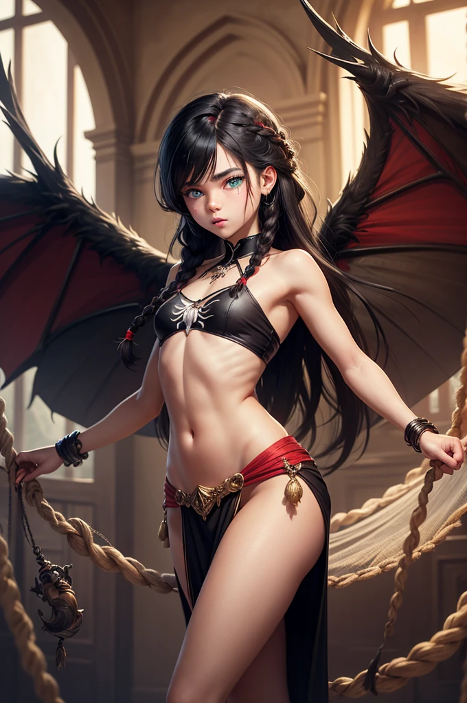 Master painting, 8K picture quality, master painting, 8K picture quality, small chest, demon wings, exquisite eye portrayal, exquisite facial features portrayal, delicate body portrayal, delicate makeup portrayal, red leather coat, long black hair, slender body, open chest, long legs, ((exposed)) fleshy ((injured)) red blood on the body, hands crossed at the waist