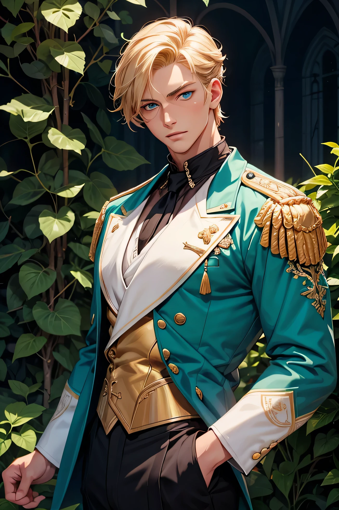 a handsome anime-style fantasy prince, standing in a gothic palace or enchanted garden, tall (198cm), muscular build, golden blond hair, cyan blue eyes, modern stylish haircut, wearing a dark, elegant royal uniform with black rose and ivy embroidery, high collar, masculine design, no beard, sharp and confident expression, cold and dominant aura, bishounen face, otome game character, glowing ambient light, intricate details, high-quality digital painting