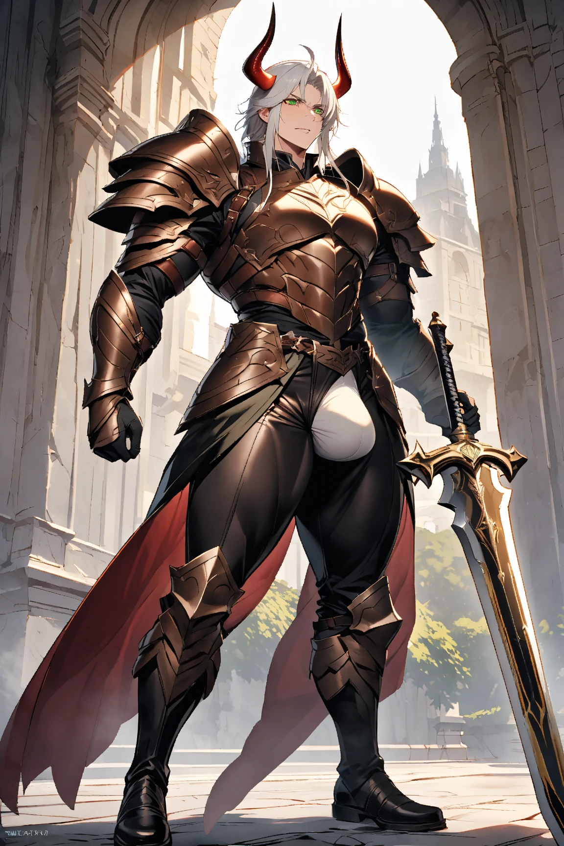 young handsome muscle blonde knight boy, short haircut, heavy shiny knight armor with lining, brown-pink gradient penis with glans and heavy testicles, arrogant rough face