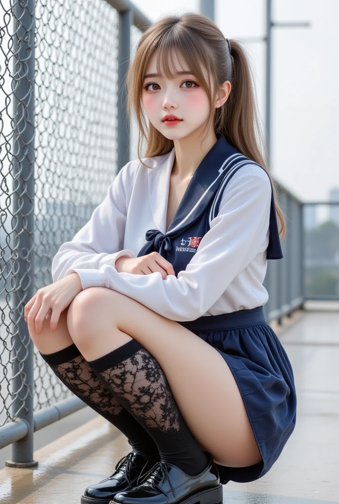 ((short dark blue socks))　Put your hands on your knees　((Brown loafers)a blond、((White wet panties visible))(Squatting panty shots)double eyelid　Lashes　beatiful detailed eyes、ultra-detailliert、hight resolution、Transcendent beauty　top-quality、​masterpiece、、(Japanese girls' high school uniform))、Very detailed expression　 school classrooms　Highly detailed appearance　21 year old girl、front facing、((dynamicposes)))、(Sitting on legs with bent knees))、pleatedskirt、Ribbon 1,2 sexy smiles　Transcendental Low Angle、Water from the crotch