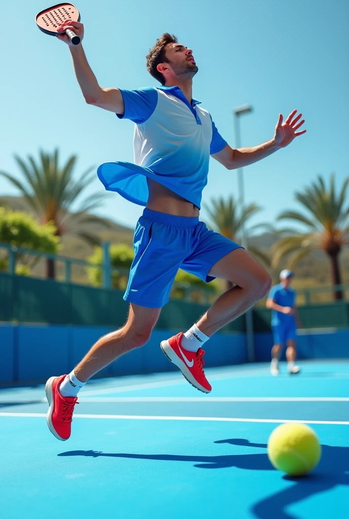 ager wearing blue and white sportswear, holding a padel racket jumping on a padel court with a blue floor