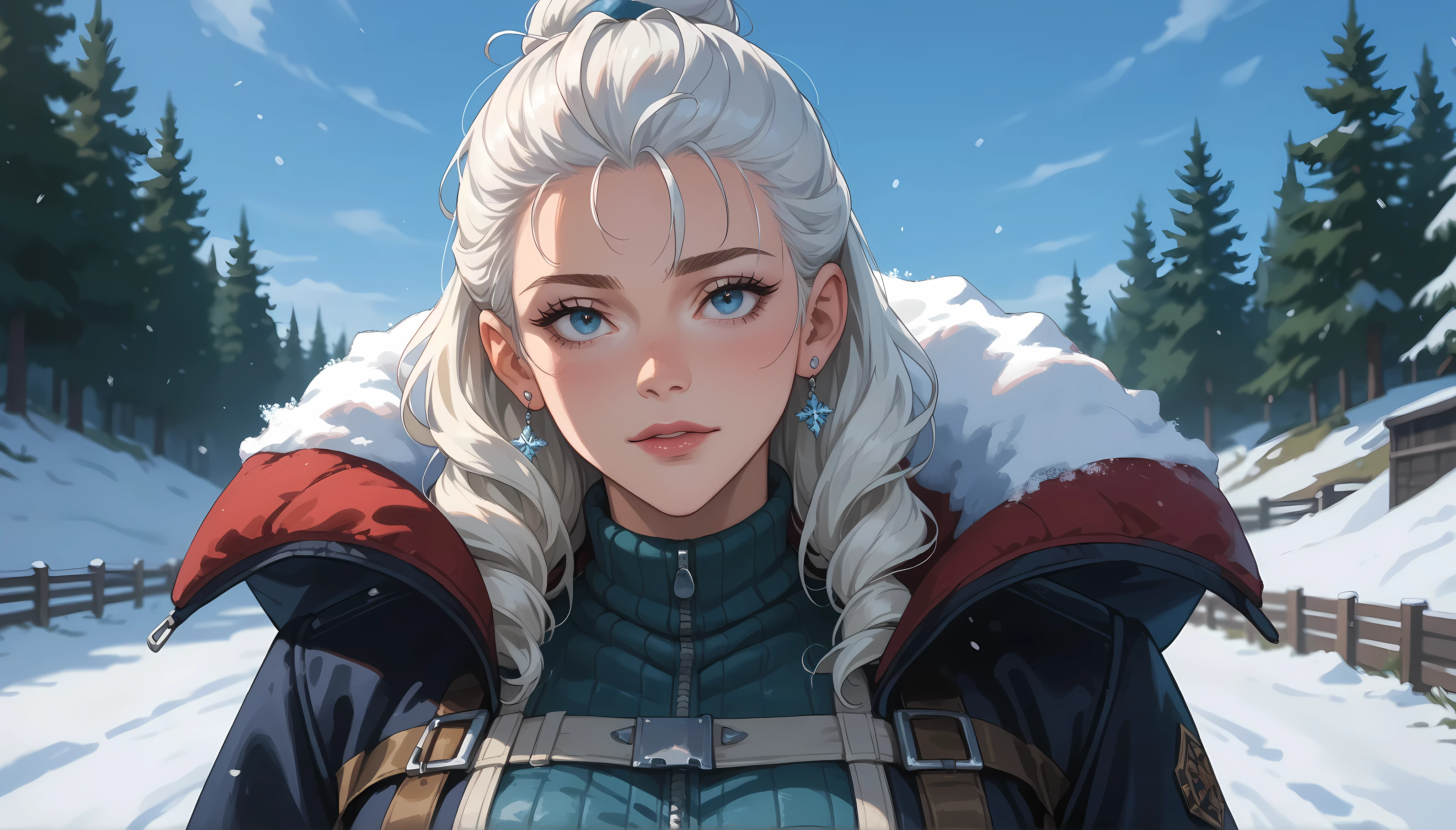 A girl with a nice body and nice breasts strolls along the snowy riverbank, wrapped in a long coat and woolen gloves. Her perfect face looks peaceful, her perfect eyes admiring the icy reflections under a pale winter sun.