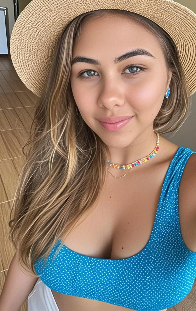 A 23-year-old blonde woman, ((pechos grandes)), ((hiperrealismo)) ,. blonde hair with light brown roots. cabello rubio, Hair with brown roots, cabello extra largo, cabello muy largo, really long hair, Beautiful, Front view, selfie, photo taken with iPhone, sexy red bikini, selfie in the beach, high quality, selfie iPhone, cleavage