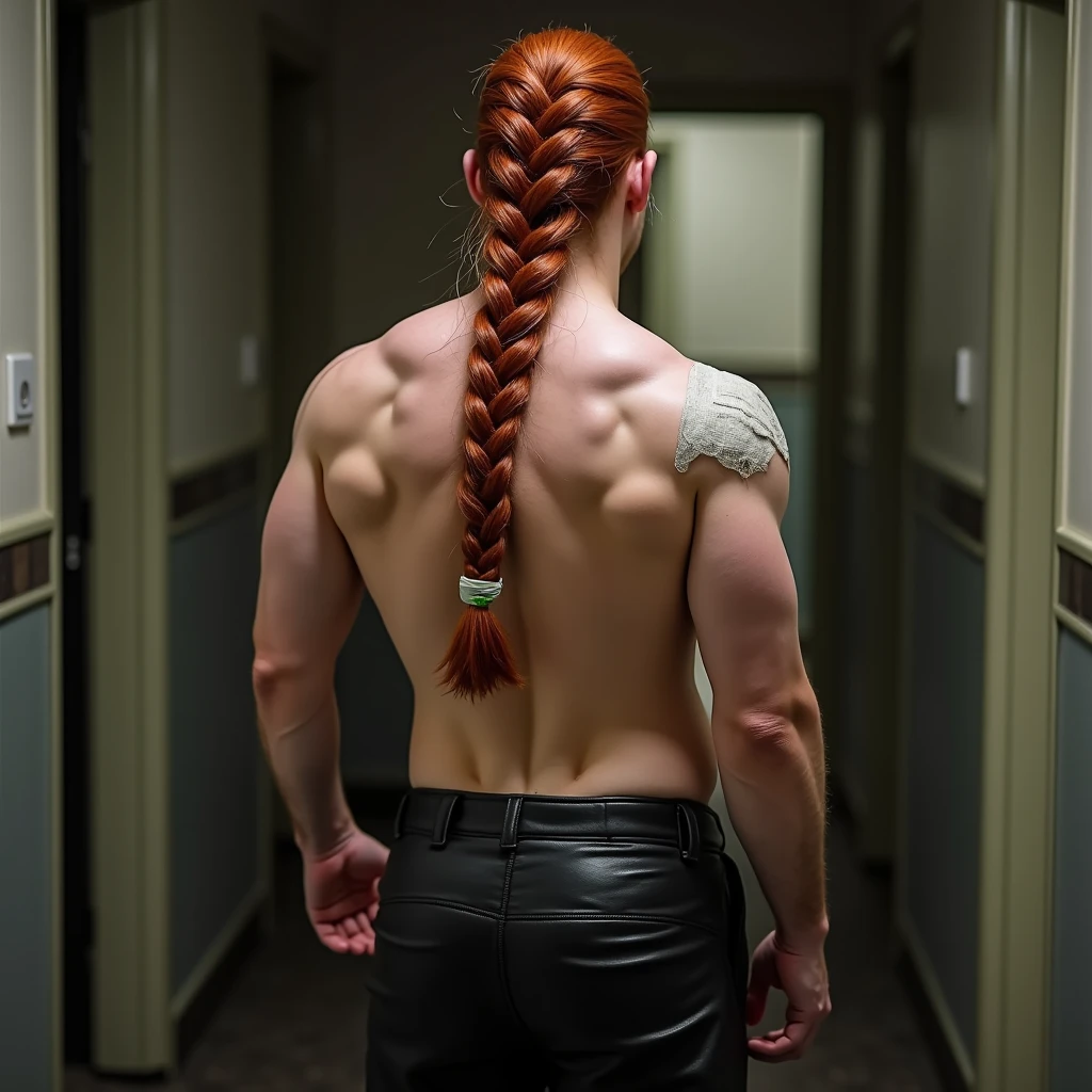 A tall, strong man with long, red hair,in front of a building. With a bright, lively day and the lights shining brightly, As if his hair was on fire with eyes blazing and hair whipping in the wind and muscles defined and so strong with veins popping out
