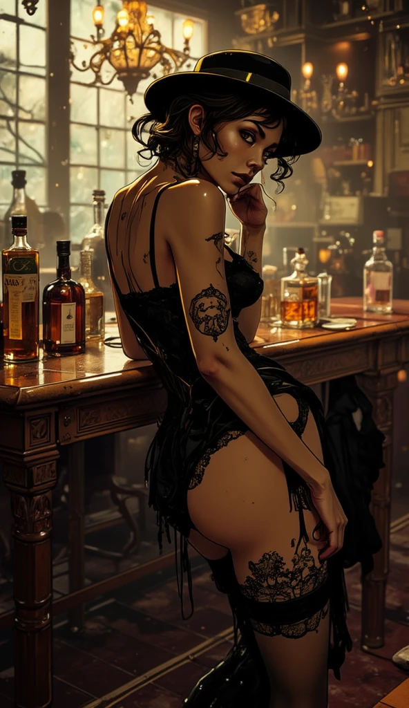 ((best qualityer)), ((work of art)), (detailded), crie uma imagem sensual de uma elfa em tema de word of warcraft, she will be very sexy , She will be inside a tavern and on the wall at the back of the tavern there will be a name written on a strip of ANUBIS, the Anubis writings must be gold
