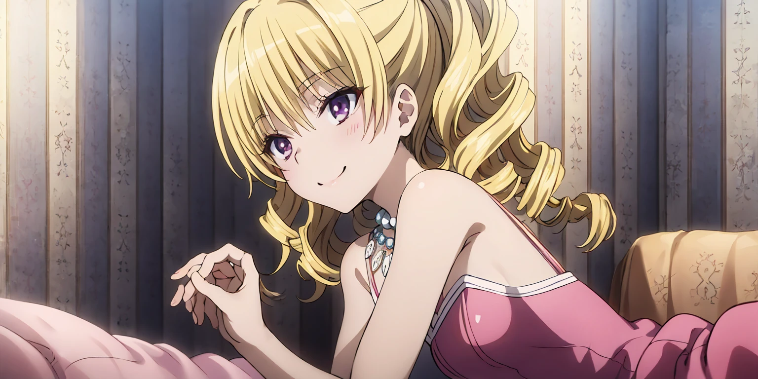 feirune, anime, 1girl, looking_at_viewer, short_hair, blonde_hair, dress, bow, bare_shoulders, purple_eyes, ahoge, hair_bow, red_hair, multicolored_hair, parted_lips, sleeveless, choker, indoors, white_dress, green_bow