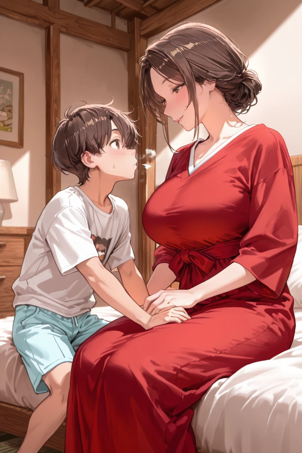 (Best Quality, 8k, 32k, Masterpiece, UHD:1.3), (Photo of Attractive Japanese Woman with small nine years old son ), 1 Girl with 1boy, (super huge Boobs squeezing small son :1.2), (short wavy hair), Abs, Perfect Body, Ultra Detailed Face, Detailed Lips, Fine Eyes, double eyelids, pajamas, on the bed, (seductive), ((aroused:1.5)), ((areolae slip)), mom seducing and touching young son