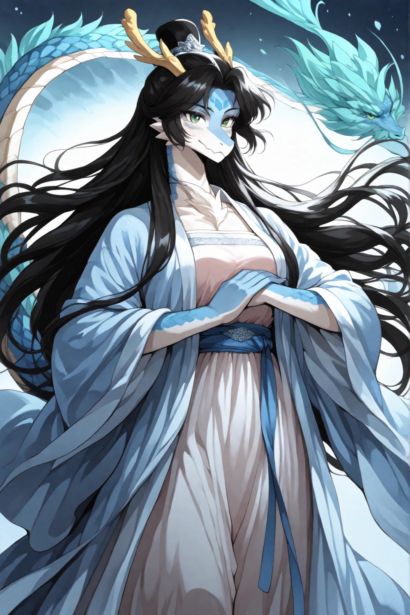 A beautiful chinese dragon female(blue scale, green eyes, black hair, dragon tail), furry art, style picture of a woman , handsome anime pose, soft lighting, flowing robe, flowing hair and long robes, wearing a flowing cloak, flowing hair and long robes, murim, hanfu