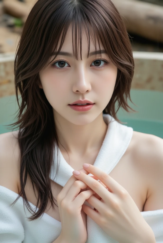 (8k),(RAW Photos),(Highest quality),(masterpiece:1.2),Natural Shading,Ultra-realistic,Realistic Face,Ultra-realisticな顔,Beautiful Face,detailed,超detailed,double eyelid,非常にdetailedな顔,Realistic Skin,Realistic Shadows,Slender body,Micro Bikini,(bangs:1.5), hand on own chin,Poolside