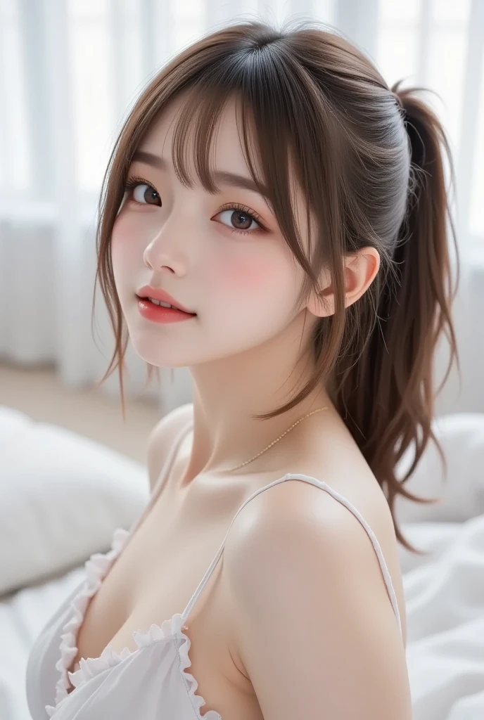 (Adult Bikini:1.2)、(top-quality:1.3)、(realisitic:1.15)、Unity、8k wallpaper、Official art、(Highly detailed CG Unity 8k wallpaper:1.3)、(ultra-detailliert:1.2)、(hight resolution:1.2)、Physically-based rendering、ultra-detailliert、magnifica、(finely detail:1.25)、Perfect Anatomy,1Man Woman、(Smile Face:1.1)、Slim Face、The most beautiful lady in the world、hyperdetailed face、Detailed eye、二重まぶた、Kamimei、perfect teeth、Perfect tooth alignment、(glistning skin)、(sun-kissed skin)、(real looking skin)、View、Blurred background、(large boob)、、full bodyesbian、frontage、Slim Face、In the bed、profetional lighting、Lighting the face、best light