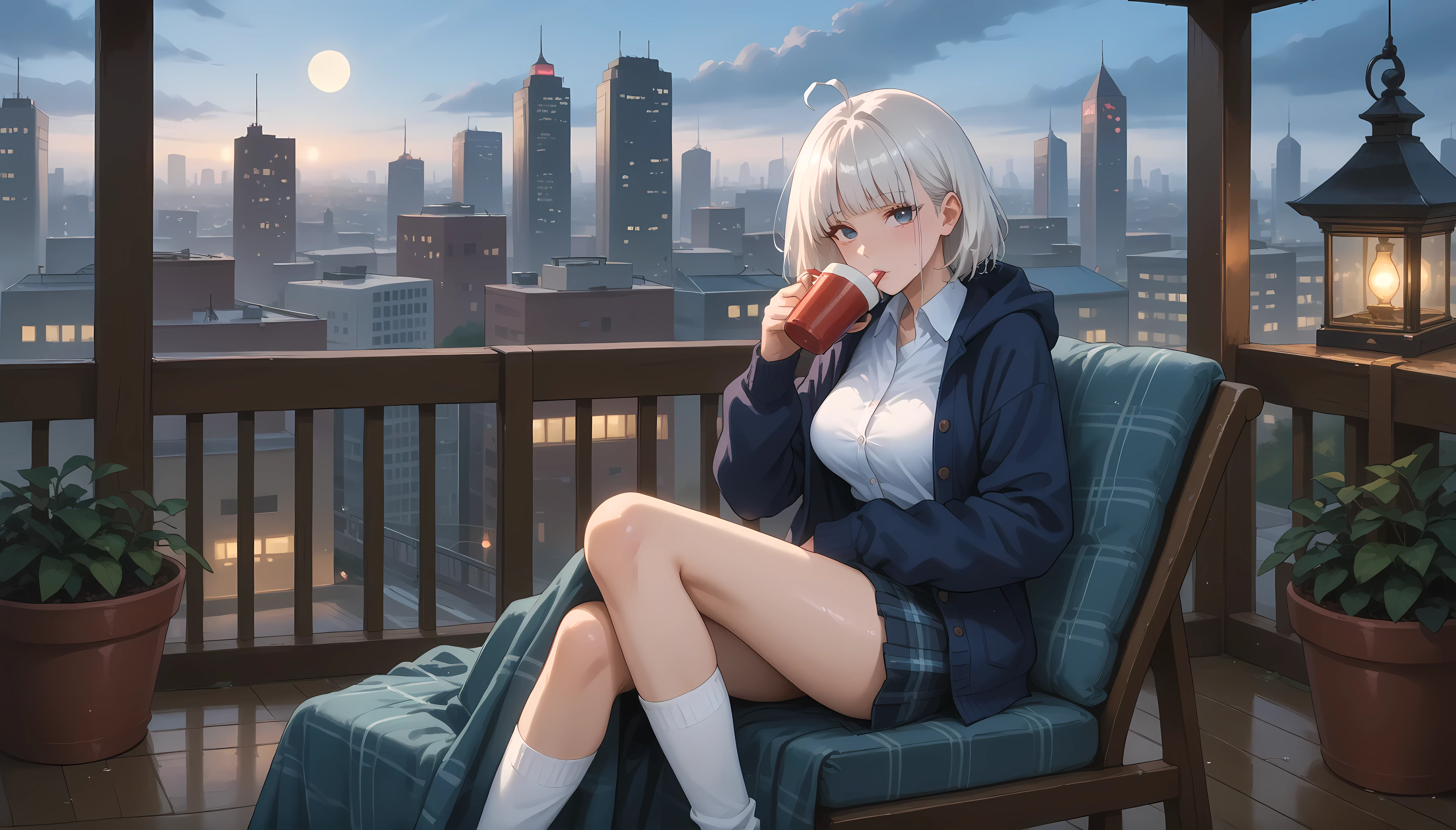 A girl with a nice body and nice breasts relaxes on a balcony chair under a blanket, sipping hot tea as rain falls around her. Her perfect face glows under soft lantern light, perfect eyes gazing at the wet cityscape. She wears a cardigan and knee socks, surrounded by a cinematic, tranquil scene.