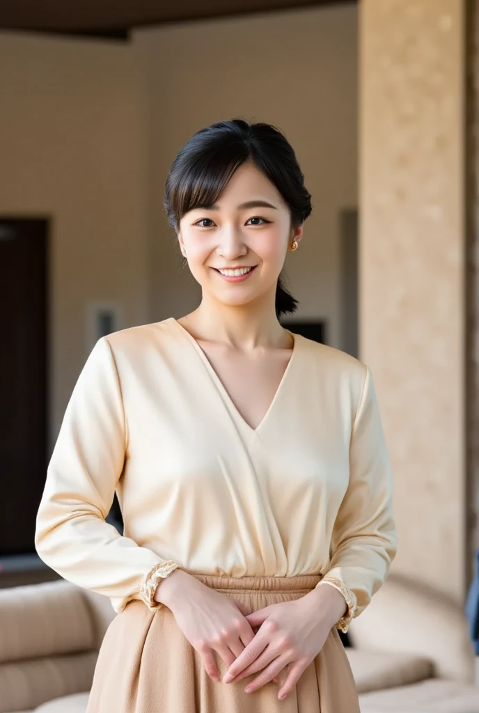 portrait、8K、high quality、realistic photo images、39 years old、japanese woman、decent wife、young proprietress of an inn、Reproduces natural and realistic eyes、japanese stand、、美しいblack hair、short hair、light makeup、octane rendering、beautiful lighting、composition of golden ratio、laughter、Clothes with short sleeves、Short sleeve work clothes.、Short-sleeved Samue、short skirt、mini skirtの服装、mini skirt、とてもshort skirt、I can see your panties、short skirtからパンティが見えている、Standing at the entrance to a hot spring inn、Ryokan Sandals、Welcome customers、waving、welcome、Hot spring inn entrance background、4k、High level image quality、realistic photo images、japanese woman、39 years old、Pure Japanese humanity、beautiful wife、Upper body、Close-up image、larger bust、beautiful bust、light makeup、、neat beauty、mature woman、refreshing smile、open your mouth、black hair、black eye、