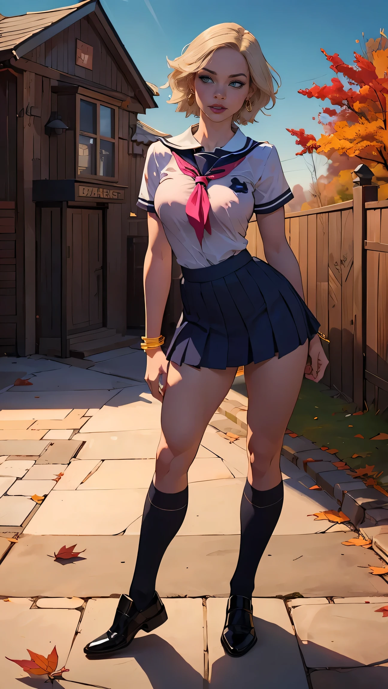 a beautiful girl,Emma Myers , dark gothic fashion, pale skin, blonde hair with Pink top, short hair, dramatic eye makeup, moody expression, surrounded by autumn leaves, (best quality,8k,highres,masterpiece:1.2),ultra-detailed,(realistic,photorealistic,photo-realistic:1.37),cinematic lighting,dramatic shadows,muted color palette,melancholy mood, erotic, sexy, sensual, elegant pose, promiscuous, promiscuous pose, rings, bracalets, pendants, Golden earrings, ((school uniform)), solo,1girl, small breast ,Happy face, full body Pic