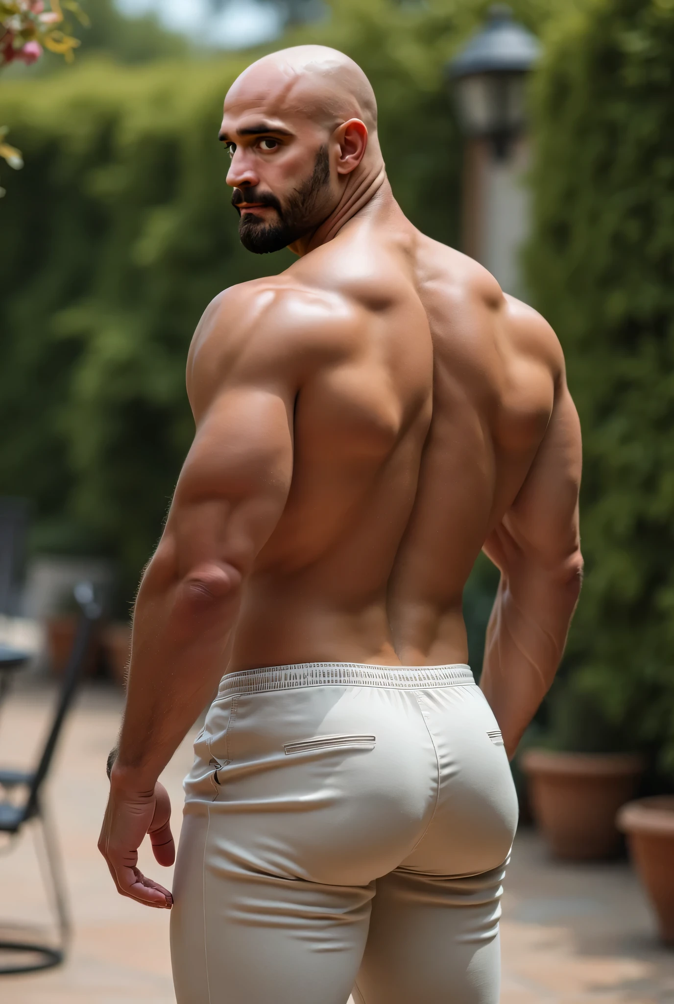 Beautiful man 30 years old, muscular body, barba rala, mas seu rosto esta iluminado pela fogueira. Creme formal trousers ((backside))
