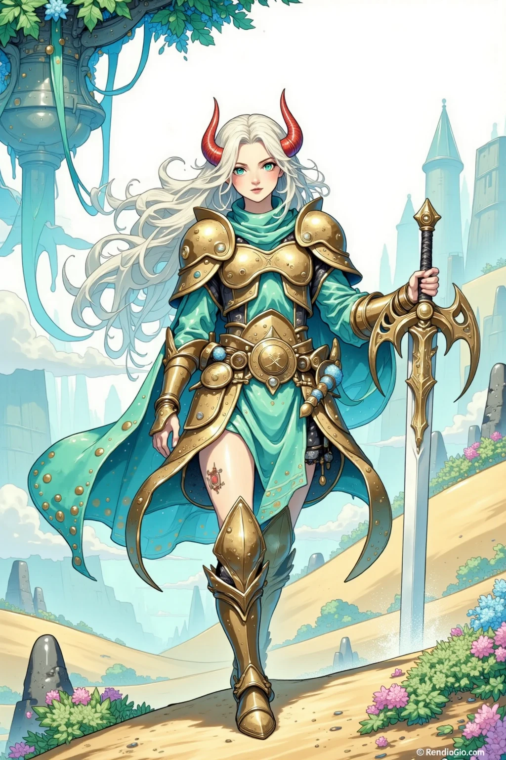 woman with huge fairy wing, sharp elf ear, lots of earring, long gray pigtails hair, huge yellow eyes, flower dress, big breasts, on top of a dragon, holding a golden sword, bright sunlight, scenery of a mountain and cloud
