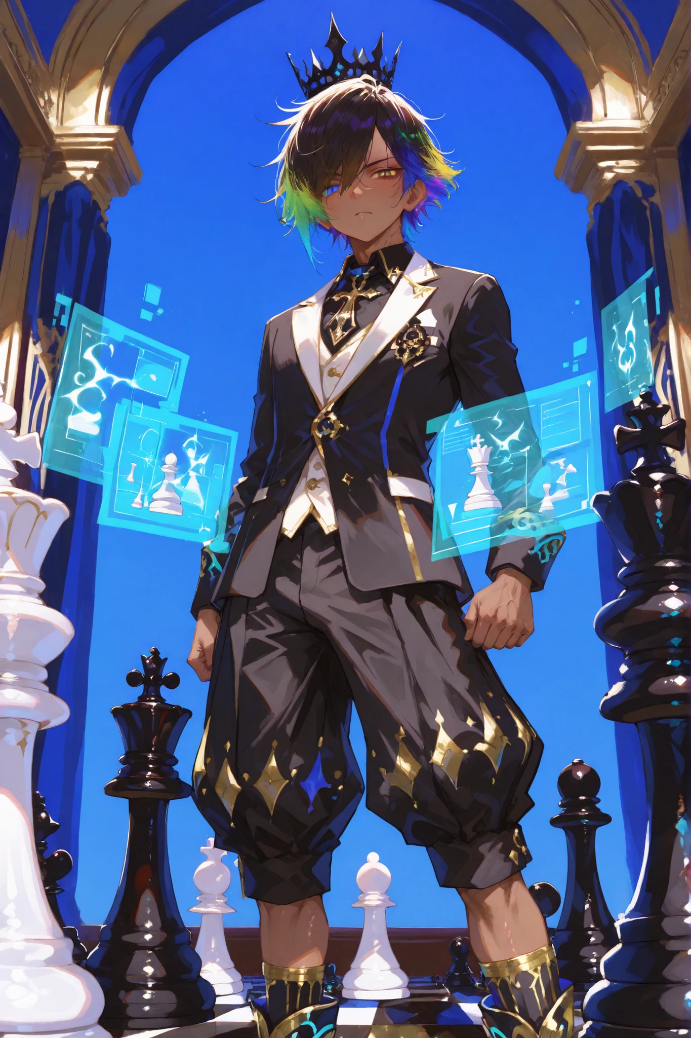 petite chess themed young slim athletic black tanned skinned manly boy boy focused boy young old boy, smooth glowing fair skin, unique messy layered messy hair split into pure white with neatly trimmed sides, side-swept bangs partly covering one eye, sharp dreamy eyes matching the colors of his hair, wearing chess themed baggy pants in white,gold and black, clinging to his body with high collared blazer, and visible outline of his glamourous big black crown, with holographic tech black fantasy boots ground under a bright blue sky, his colorful hair, awesome standing serious pose ,around his long ancient socks , background of fantasy luxury chess dawn room, anime-style, highly detailed, sexy fantasy energy, vibrant
