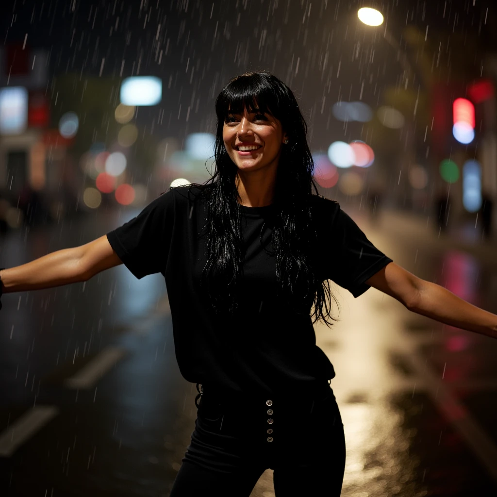 long black light, woman with bangs, head raised, getting wet under the rain. She smiles with her arms open. She is wearing black pants, black t-shirts and black lace-up boots. In the streets of Ankara at night