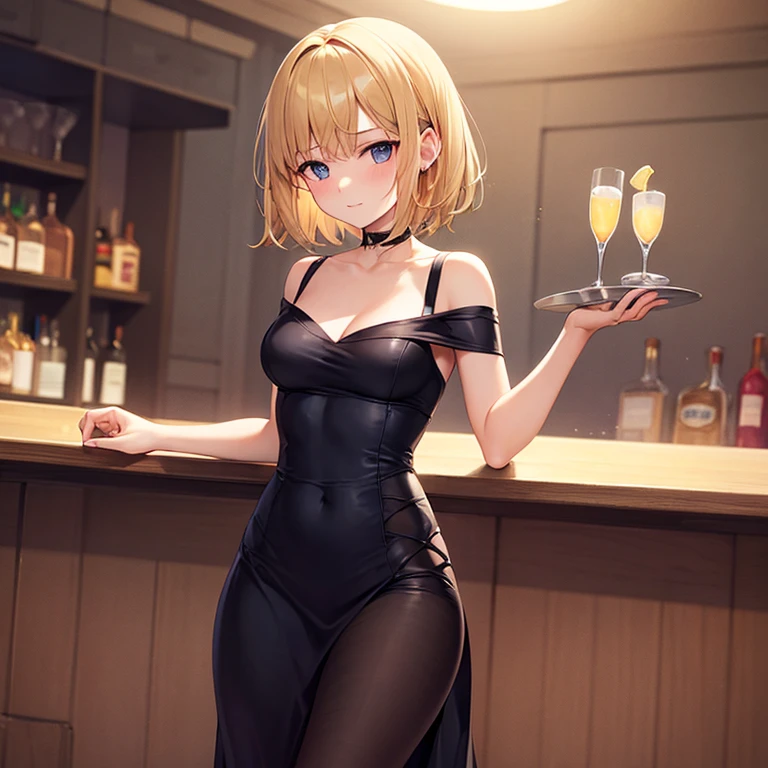 ((masterpiece)), (best quality), (1boy:1.2), (12-year-old:1.2), wearing a black leotard, bunny headband, blond hair, tail, black glove, fish-net stocking, in a luxury bar, cocktail, bunny boy, waiter, from a side,
