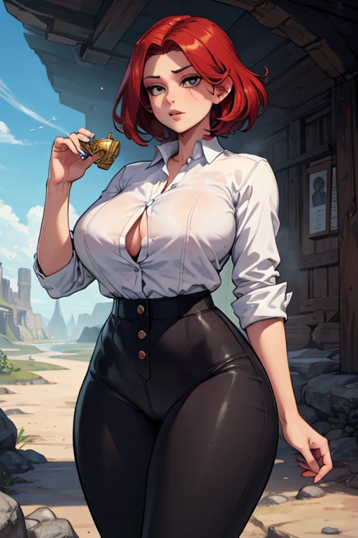 a gorgeous woman wearing a white silk shirt with a deep v neck, brown leather miniskirt, and a belt, cinched waist, dramatic lighting, photorealistic, high fashion editorial, corset, red hair, large breasts, purple eyes, black makeup, crimson lips, looking at camera