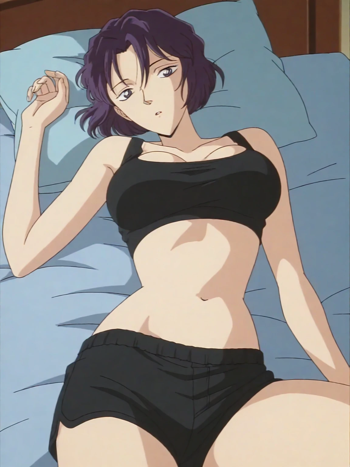 (left side view), (armpit), (ultra detailed body, ultra detailed face), ((solo)), anime style, hires, ((yellow ground)), (hinata\(boruto\), (female wrestler), (slender body, broad shoulders), mature woman, milf, (black bikini, ultra detailed pro wrestling gear), victorious, gorgeous, winner, (moaning , open mouth), (pale skin, shiny skin, lighting and shadow), (dark blue hair color:1.1), wavy hair, ((short hair, hime cut, floating hair), big breasts, ((leaning against ground, lying on back, sleeping on ground, out cold, unconscious, folded knee)), (long belly), (closed fists, head tilt), seductive