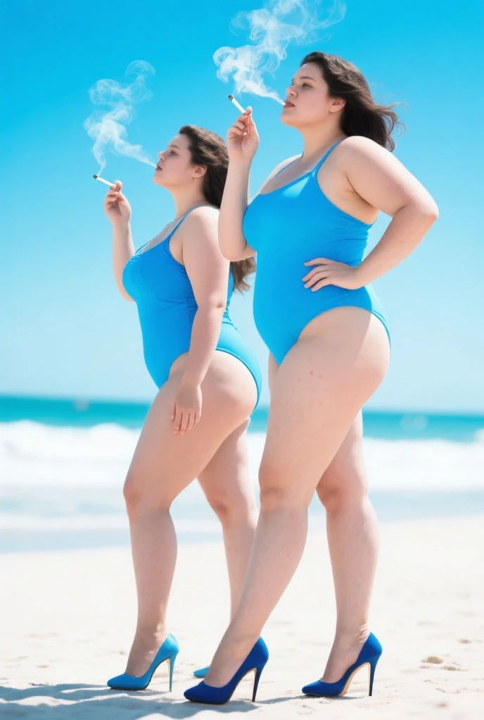 fat ssbbw curvy bottom heavy pear shaped wide hiped british women, 30 brunette, they are standing together in the pool, they are wearing floral one piece, swimsuits , view from behind, they are stuck in pool floaties, they are laughing together 