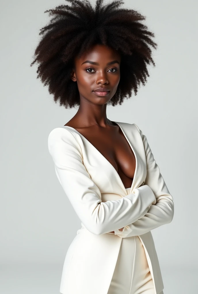 Black woman with cool skin tones, Oval face, almond shaped eyes in amber tone, 20 year, small, fleshy mouth, upturned button nose, slightly pointed ears, wears a white silk dress that hugs the curves of her body