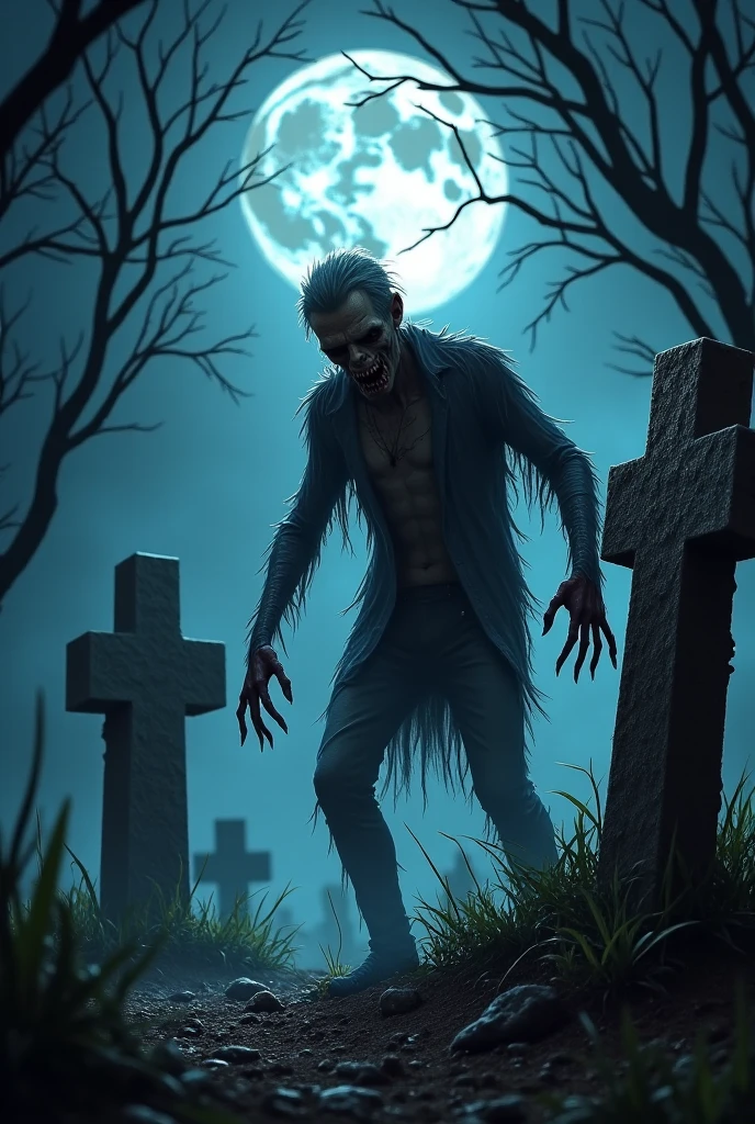 <lora:GraphicNovel:1> a zombie in a cemetery at night, moonlight