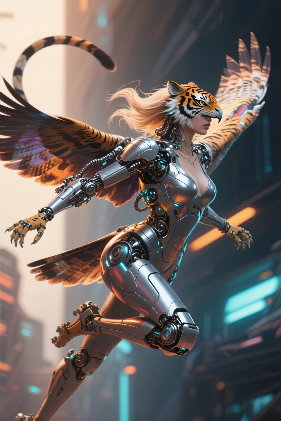 (masterpiece，best quality:1.2)，((Mechanical Bald Eagle))，High-tech machinery，Dreamy light，Floating in mid-air，Exquisite workmanship，glow，neon lights，High-tech machinery零件，Mechanical claws，mechanical wings，Mechanical head，metal feather、Cool look、bionic eyes、Mechanical beak，Exquisite feather design、Dreamy light、electric orange、Bright red、生动glow的眼睛、Reflective metal surface、Linkage mechanical gear、glow电路线，electric spark，Shiny chrome plating，（gray background，simple background:1.2），((First-person perspective，pov，eyes on the audience，8K，high quality，high detail，1.4x more realism))