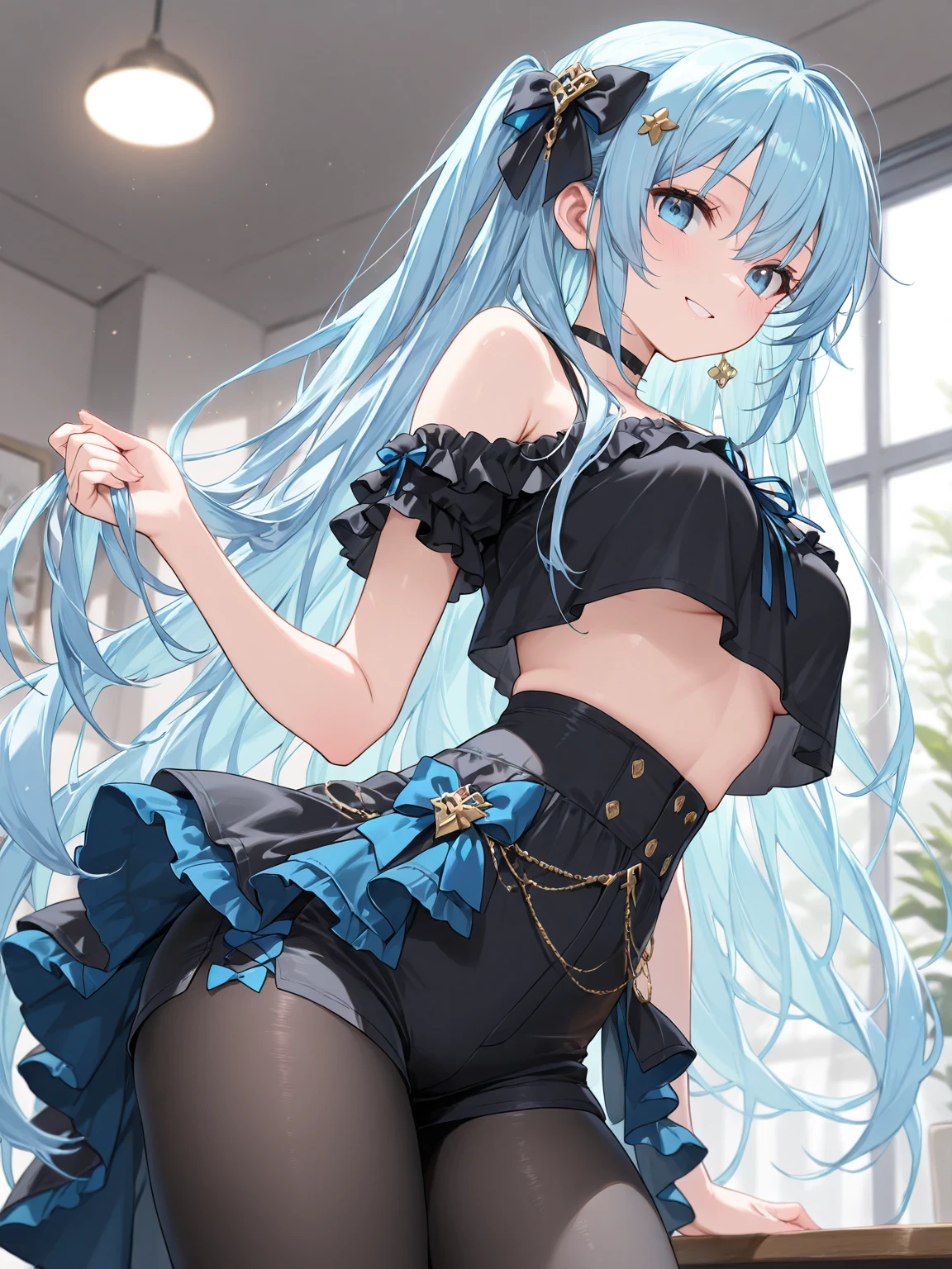 (1 girl),(high quality), (High resolution), (extremely detailed), (8K),(focus on lower body),(CG)、goddess of the sea、goddess outfit、transparent costume、Magic Mentor、sexy panties、(black knee high stockings:1.2)、nipple shape、No shoes、neutral white lighting,sexy pose、showing panties、Hatsune Miku