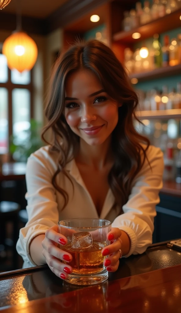 smiling woman sitting at a table with a glass of wine, with a drink, at a bar, probably in her 30s, around 20 yo, taken in the early 2020s, sitting at the bar, aleksandra waliszewska, very slightly smiling, in a bar, ewa juszkiewicz, sitting at a bar
