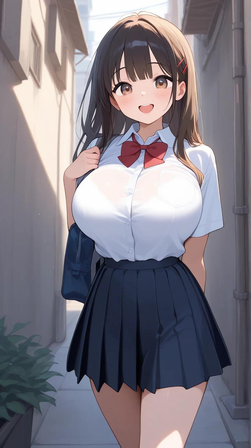 woman、 Age 25, Brown eyes, Shiny skin、Long brown hair, Wearing a white shirt, Big Breasts,Center View, High resolution, Ultra Sharp, 8K, masterpiece、Shopping Mall Bench、sit、People walking behind、、A look of contempt、Secret Pose、Glare、(((Shooting from the front)))、Pleated skirt、Index finger near mouth、Stand up straight、(((Sheer white panties)))、Wet Panties、Ass、
