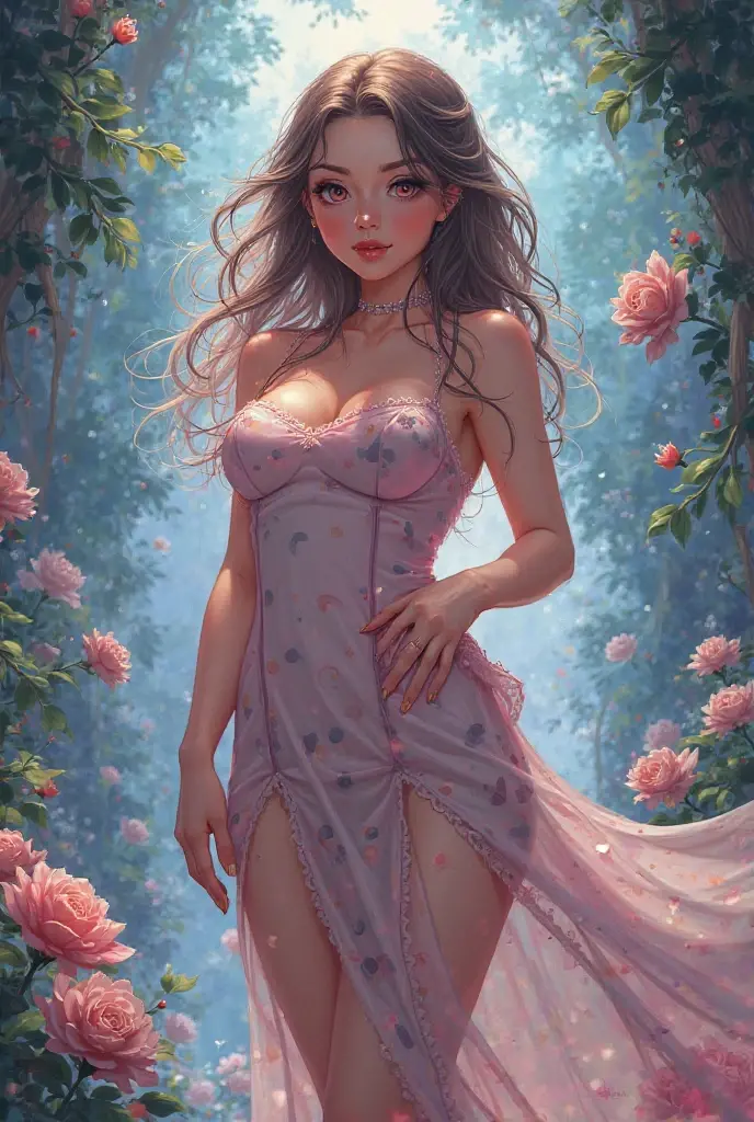 Fantasic Illustration, Masterpiece: 1.2, Highest Quality, Highres, 16k, Beautiful Detailed, Ultra-Realistic, Photo Realistic: 1.37, Beautiful Cute Girl, kneeling in English rose garden,under the rose arch, rose tattoo on arms, growing eyes, shining pupils, blushed cheek, shiny rosy lips, wearing robe show off tattoo, delicate beautiful (hair, face, eyes, pupils, long eyelash), middle breasts,