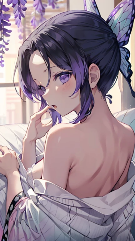 (futon),nsfw, ((First Night)),(((kochou shinobu))),demon slayer,_kochou shinobu, ((((White sleepwear)))), (Raise one hand),Bedroom, Sit down, (((Close one eye, Yawn, Open your mouth wide))), ((((Lying on your back)))), Ultra-realistic 8K CG,masterpiece,, ((Highly detailed background,Delicate pattern,Intricate details, Fine and beautiful eyes)),The best quality in the best condition,とてもとてもとても詳細なface, Highly detailed eyesとface,Highly detailed eyes,kochou shinobu,Multicolored Hair,No bangs,Hair Intake,, Purple eyes,,butterfly,band,(熱band庭園:1.2),Purple Flower,mostly cloudy null,Tyndall effect,slope_null,face,beautiful null,,Seductive posture,(Medium chest:1.3), woman,15 years old