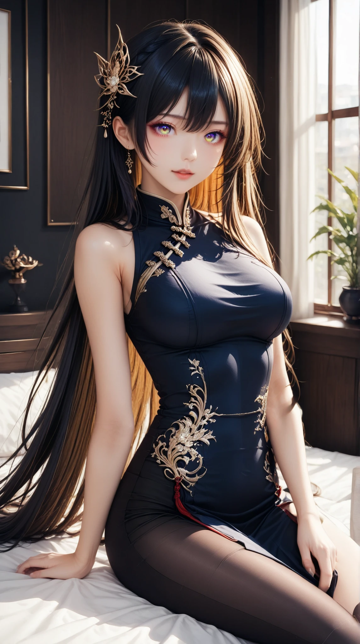 (((professional: Step by step, taking into account even the smallest detail, God-level final result, all intricate details, cowboy shot, solo 1girl view))): "1 fox girl, ruby eyes, fox ears, fox tail, high ponytail, firm breasts, medium breasts, smug, cute, short black china dress, very low-cut, (light clothing very thin and transparent like air), side full body, pelvic curtain, thigh ribbon, (pumps:1), (hugging own leg:1.1), chinese style, indoors, sharp focus, looking at viewer, (intricate:1.3), red light theme, (orange tone:0.7), illustration, "