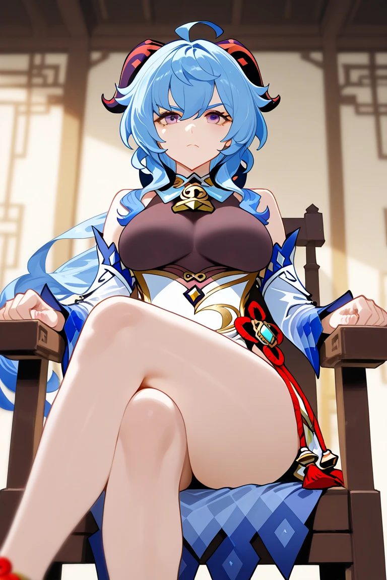 masterpiece, best quality, beautiful art, high resolution, well formed hands, body and fingers, 1 woman, solo,Ganyu, goat horns, grown up,  cosplaying as Mai Shiranui , mai_shiranui_cosplay, adult, large and round breasted, cleavage full body,  hair ribbon, gorgeous legs and, thighs, sexy Japanese clothes, hair ornament , sexy legs , hips and thighs, fighting in a combat match, showing her fighting skills, making her guard, about to hit the viewer, looking at the viewer,   sweating, bouncing breasts, smiling joyfully and brightly, being confident and proud, action and fighting scene, fighting cage on beach environment      