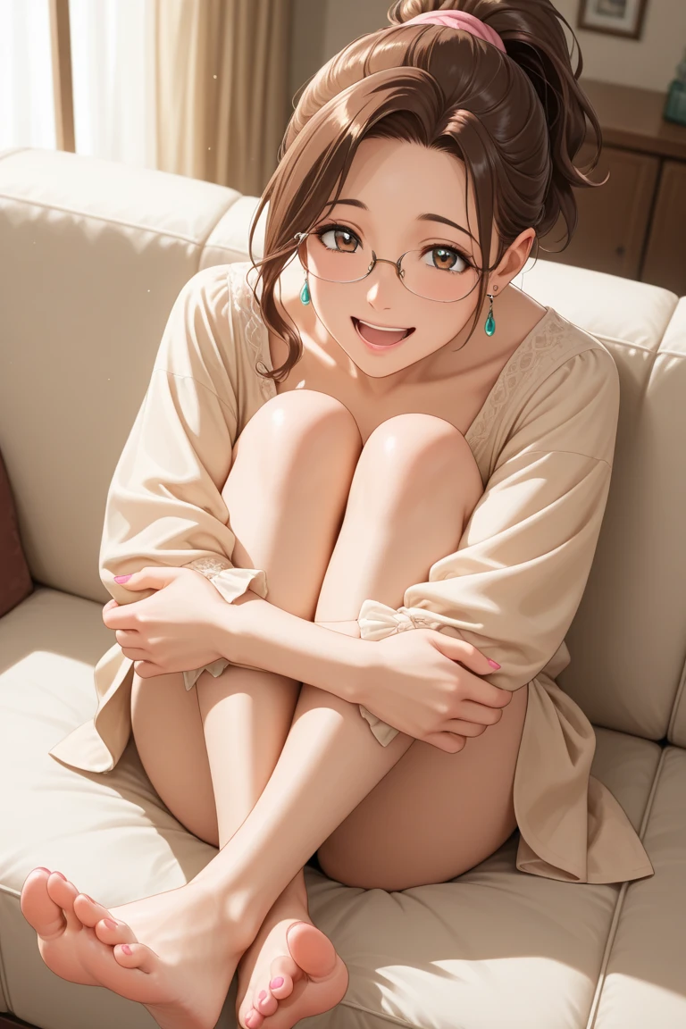 masterpiece, highest quality,  xs1 shion, round face、round glasses, Braid, Yellow super mini skirt, white panties、cleavage, Miqing、raccoon dog、Beautiful pastel colored dress、, pantyhose,pantyhose越しのwhite panties、 big breasts, looking at the viewer, smile, squatting down,spread her legs、 cowboy shot, open mouth, head tilt, night sky