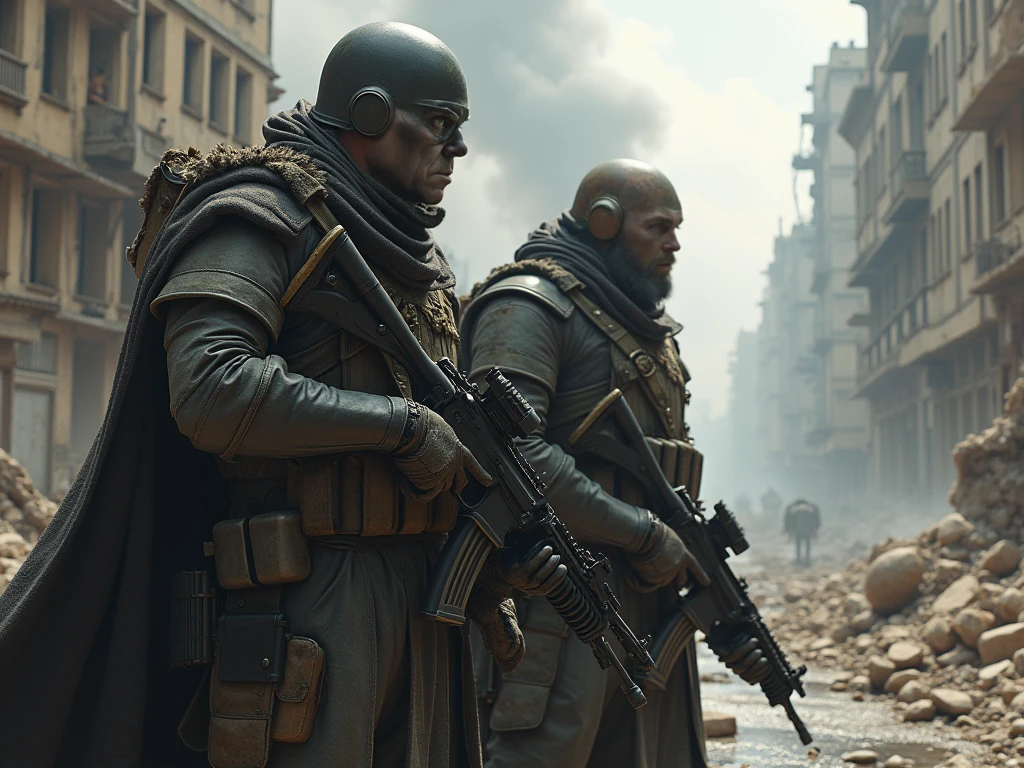 soldiers marching in a line in a city street, still from alita, steampunk desert background, death and robots two in the void, by François Boquet, nekro borja, the cowboy in the weird west, by Aladár Körösfői-Kriesch, style of nekroxiii, 2 0 1 0 s, japanese live-action movie --auto --s2