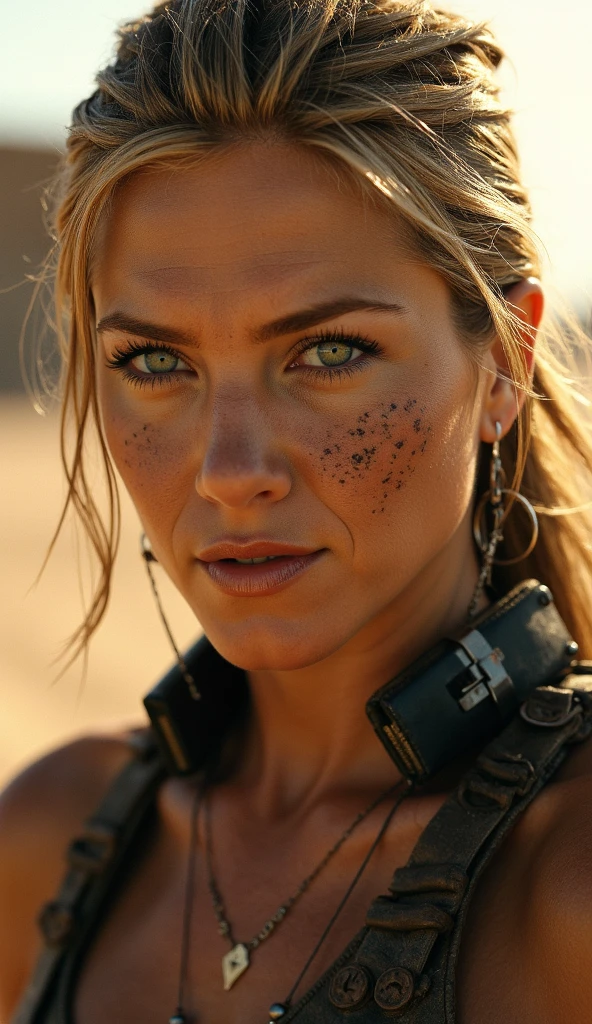 Mad Max Woman, photographrealistic, Postapocalypse、rifle、(((Naked))), Colossal 、Young Woman、Lots of skin、(extremely detailed CG unity 8k wallpaper:1.5),<(masterpiece:1.5), (best quality:1.7), (full body type), (ultra wide angle), high resolution illustration, (finely detailed eyes and detailed face:1.3), (detail:1.3, best quality, (ultra-detailed), (an extremely delicate and beautiful), (illustration), masterpiece, best quality, detailed face, 1girl, realistic, solo, a 44 year old, mature, v1873c, long_hair, blonde_hair, (with a black lace bra