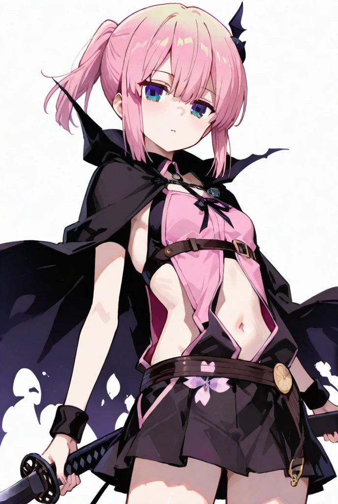 nanakusa nazuna,
1girl, belt, black cape, black shorts, black thighhighs, blue eyes, blurry, blurry background, breasts, cape, city, copyright name, hair rings, hand on hip, navel, night, outdoors, outstretched arm, pink hair, shorts, sleeveless, sleeveless turtleneck, sleeveless turtleneck crop top, small breasts, smile, thighhighs, turtleneck