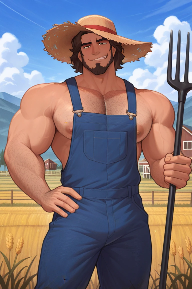 ((A muscular and bearded farmer man with huge manly breasts and puffy nipples)) (he also has a bit of body fat on him and has bigger and fatter belly covered in pubic hair)),((is located on farm and milking his huge man breasts through milking machine)), He is enjoying himself as his breasts are sucked aggressively by milking machine and he becomes erect. ((He is wearing tight short unzipped jean-skirt and straw hat)),, (((his huge lactating breasts are hanging loose from his farmer t-shirt))) . ((He is blushing and massaging his manly breasts)), ((Nsfw)), ((milking)), ((milking machine is connected to his breasts)) , cows in the background, (( he produces so much milk the machine is overflowing:0.2)), his fellow farmer milks his erect nipples as milk sprays from them, ((his dick is being milked too)), ((„haha, pal! Look how much milk is flowing from my tits and dick!”)),