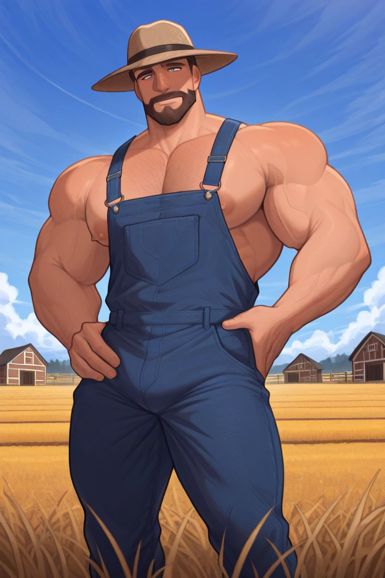 best quality, masterpiece, handsome man, muscular bodybuilder, mature facial features, exaggerated tiny waist, construction worker gear, hardhat, unbuttoned pants, flaccid penis, construction site, carrying toolbox in one hand, holds up condom wrappers in another hand, perfect fingers, sexy, gay, homoerotic, no watermark, no logo, no signature