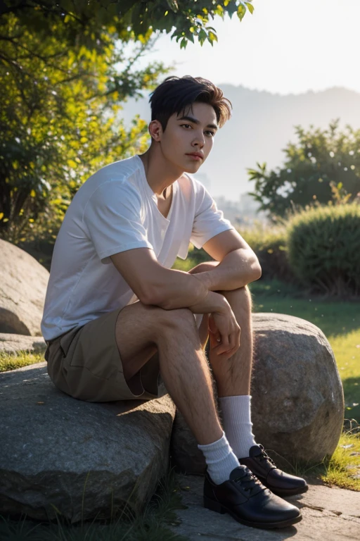Asian muscular boy sitting on grass , wearing only white shirt, black micro thong, showing his naked thighs, muscular young male,, mid shot portrait, high quality portrait, Attractive pose, yanjun cheng, Inspired by Bian Shoumin, gorgeous young model, Casual pose, portrait a 25 - year - old boy, casual photography, Realistic. Cheng Yi, cute young man