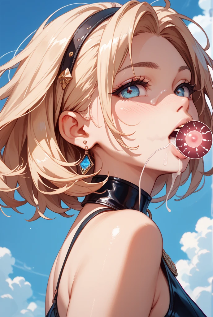 Anime art style, Spoiled brat, blond hair, perfect hair, blue eyes, chic and expensive clothes, magnificent white dress, blowing pink gum, detailed gum, reflects in the gum, look of superiority, cleavage, daddy's girl park background, stone floor, wooden bench, large trees, hair floating in the wind, looking at viewer, upper body view, majestic make up, majestic face, highres, ultra-detailed, (best quality,4k,highres,masterpiece),subdued colors, vivid colors, professional lighting, detailed lips, detailed eyes.