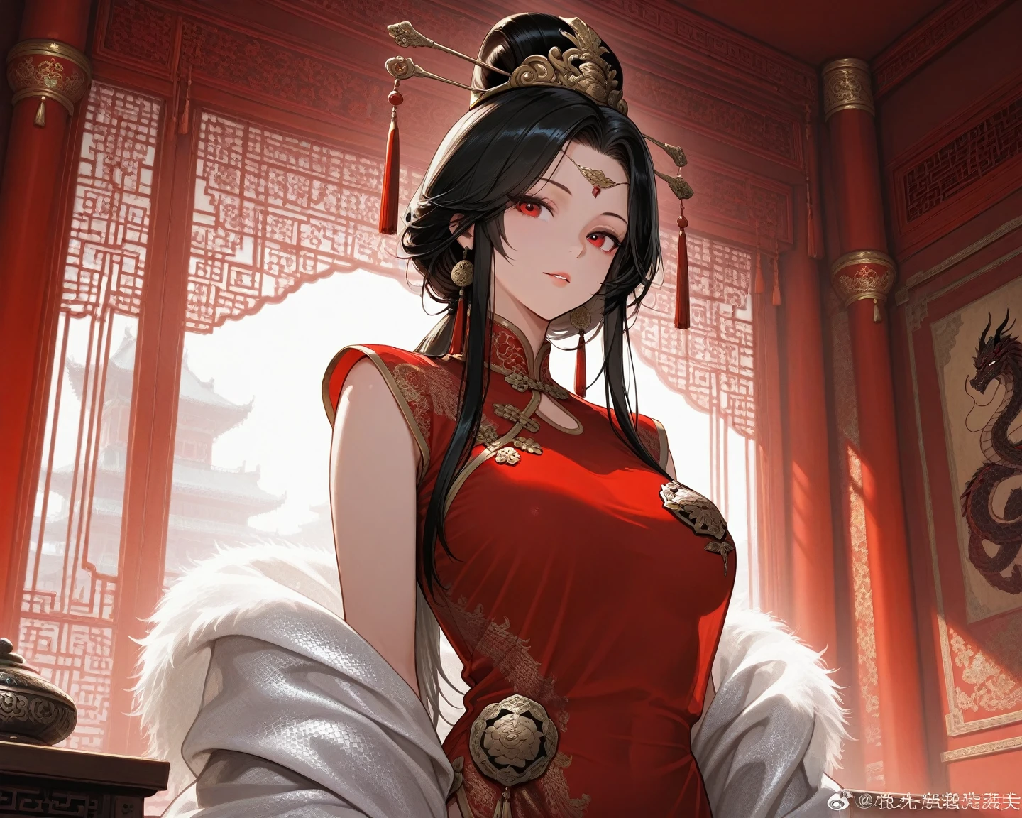 surrealism, High detail, Cinematic lighting, Ray tracing, angle of view, Eye level shots, hyper HD, Masterpiece, Textured skin, 4K, Best quality, beautiful daughter from a minang mother and china father. named as Li Xianying. an epic story about old civilization from nusantara peoples, (make sure she is very beautiful and wearing minang 4 layers royal tradisional hanfu), and have a smoot and pale skin. she is knows as mak lampir in nusantara or the holly mother of minang