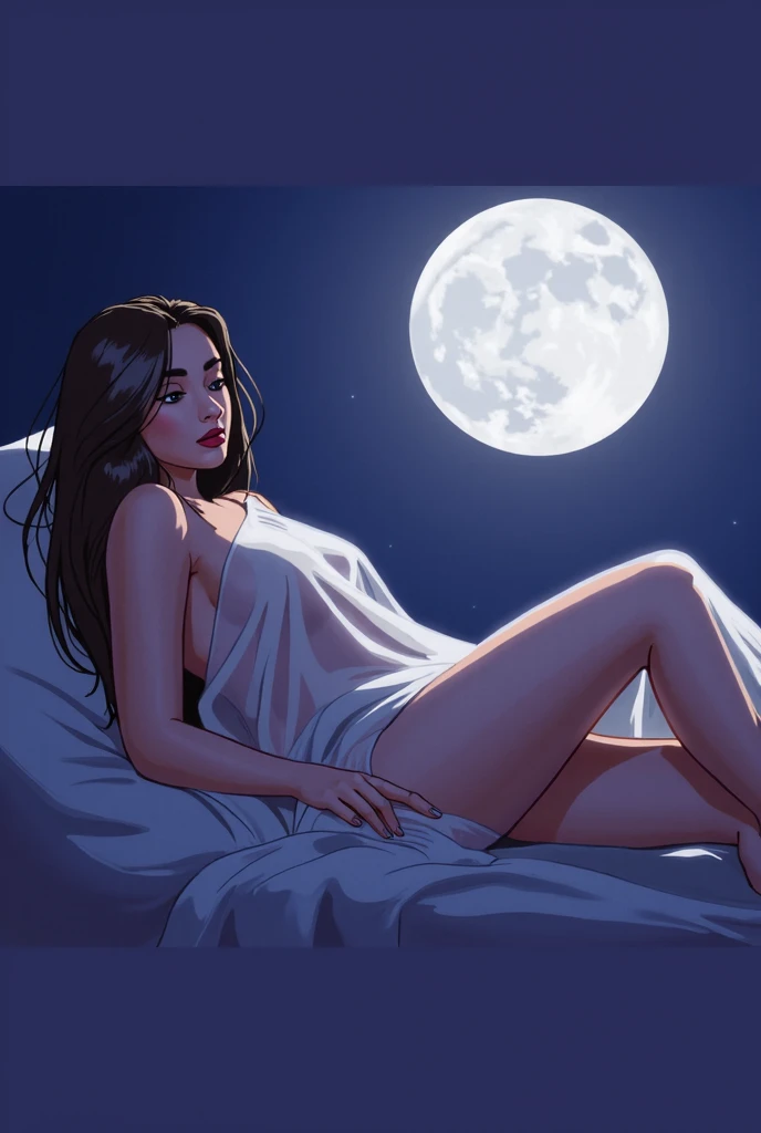 femme , sexy , nuit , devant sa fenêtre , lune , cheveux blanc , pyjama